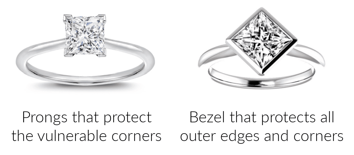 Two different ring setting styles for princess cut diamonds
