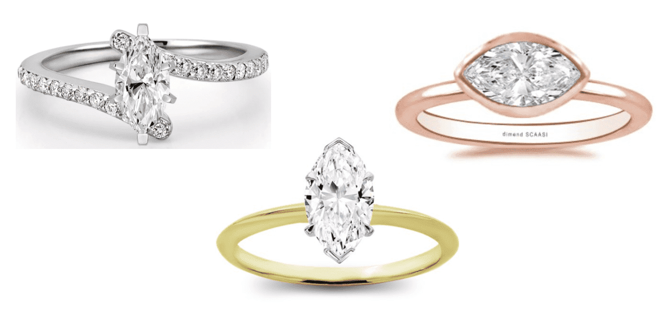 Composite image showing three marquise diamond ring styles in white gold, rose gold, and yellow gold settings
