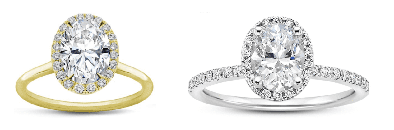 Composite image of two oval halo diamond rings, one set in yellow gold (left) and the other in white gold (right)
