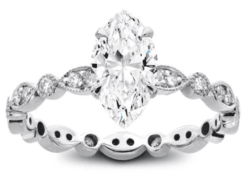 An elegant marquise diamond ring set in white gold
