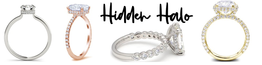 A composite image showcasing different hidden halo diamond ring styles