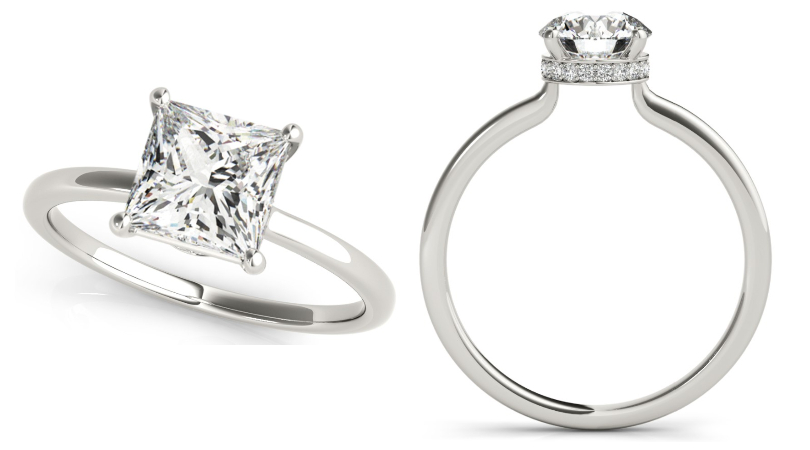 Two different profiles of a hidden halo diamond ring setting in white gold, showcasing its design