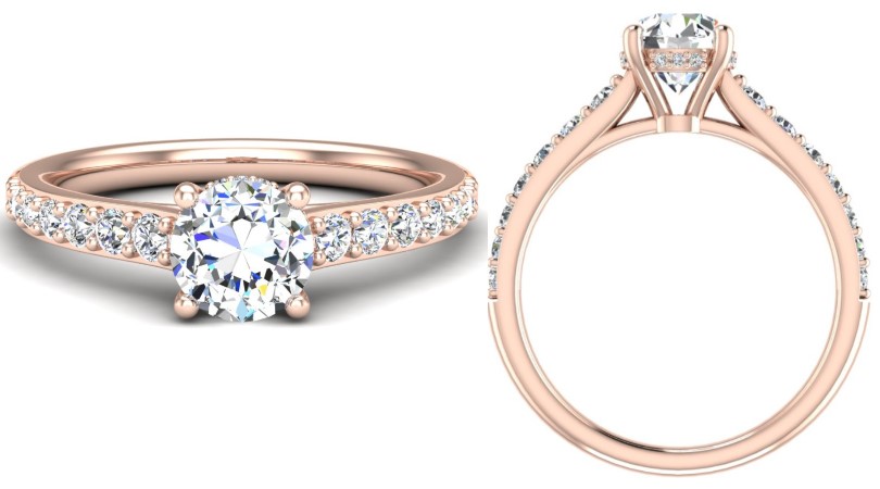 Two different profiles of a hidden halo diamond ring setting in rose gold, showcasing its design
