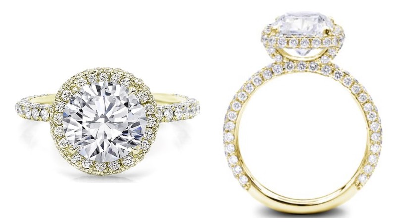 Two different profiles of a hidden halo diamond ring setting in yellow gold, showcasing its design