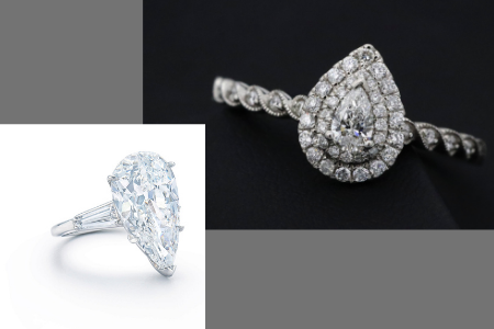 A composite image showing two different styles of setting a pear cut diamond in a ring