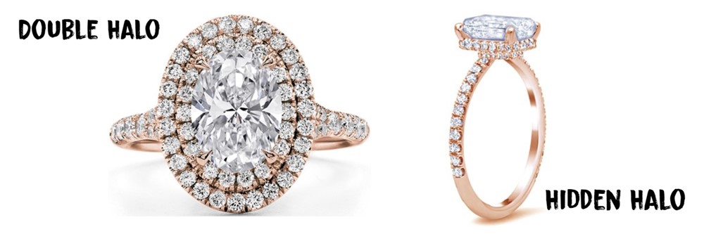 A composite image of a diamond double halo ring (left) compared to a diamond hidden halo ring (right)