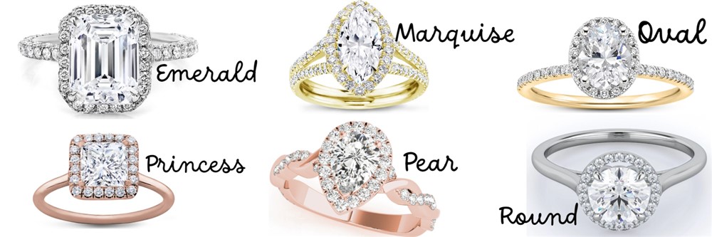 A composite image showcasing various halo ring settings for different diamond cuts: emerald, marquise, oval, princess, pear, and round