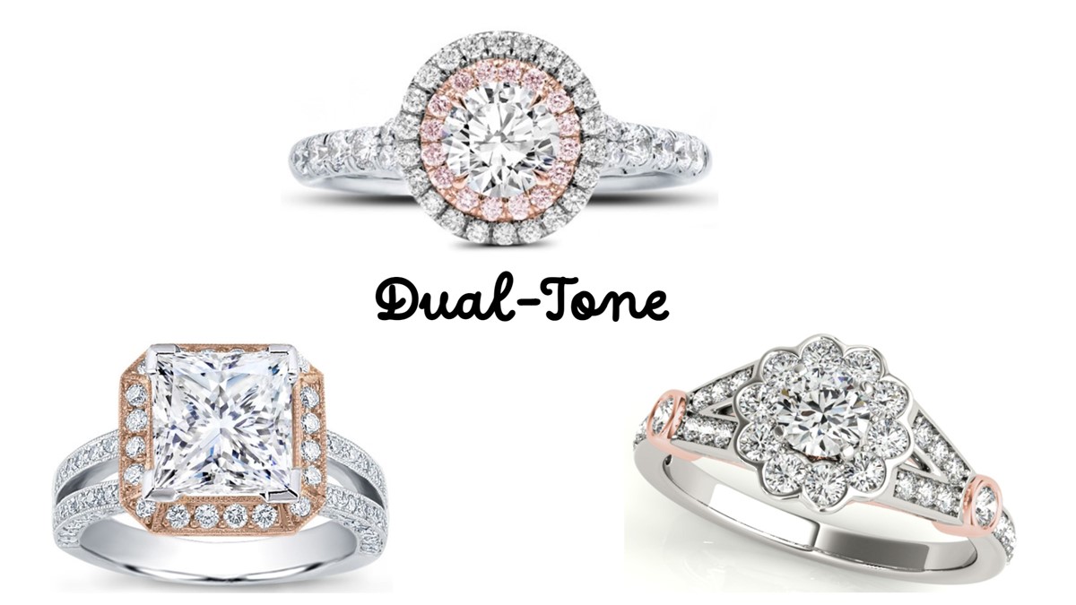 A composite image of diamond rings with dual-tone halo ring setting styles