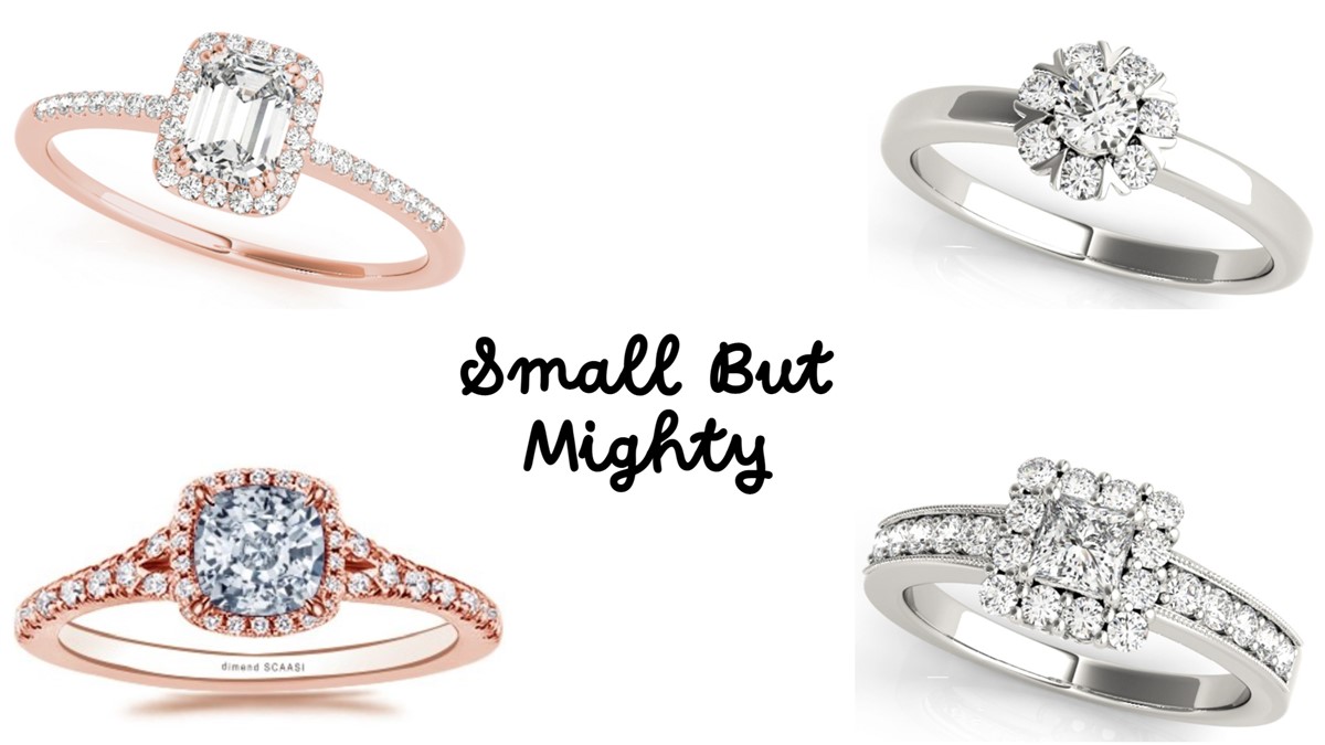 A composite image of diamond rings with small halo ring setting styles