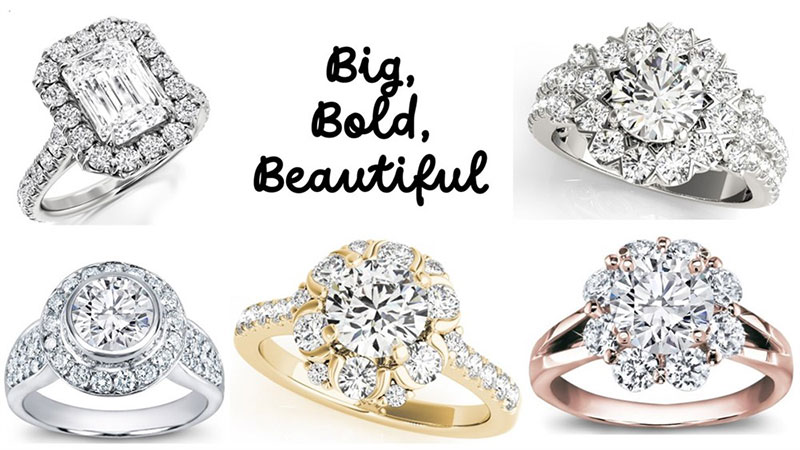 A composite image of diamond rings with bold halo ring setting styles