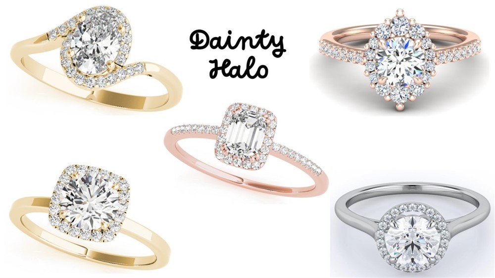 A composite image of diamond rings with dainty halo ring setting styles