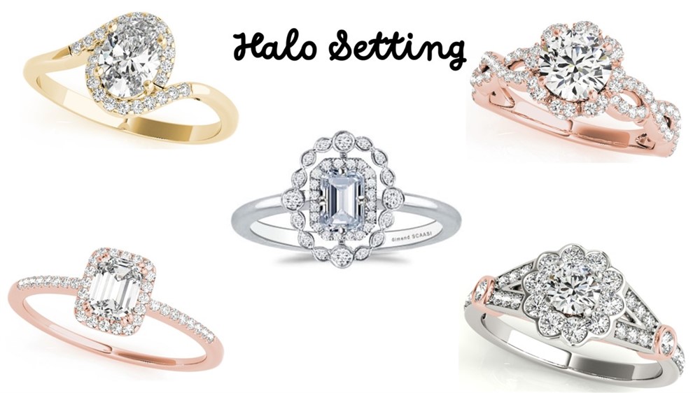A composite image of different diamond halo settings