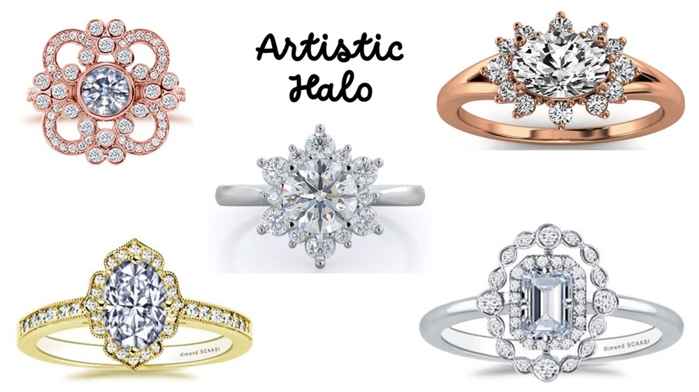A composite image of diamond rings with artistic halo ring setting styles