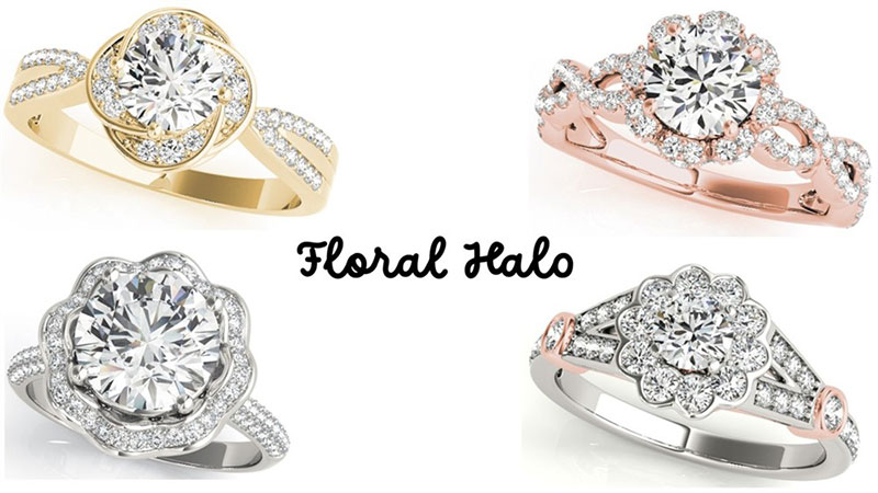 Composite image of different diamond floral halo ring setting styles