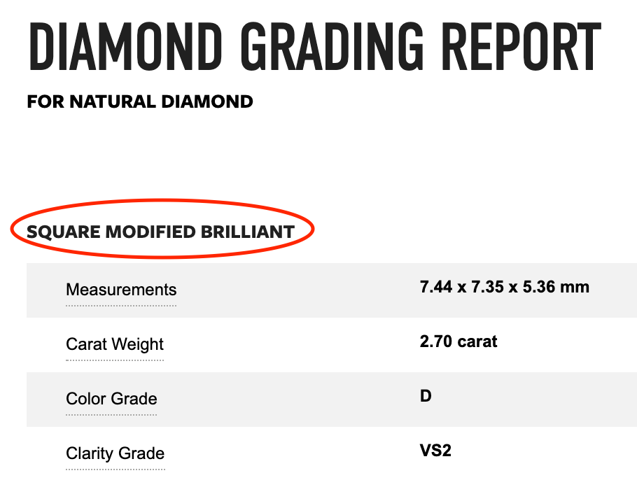 A diamond grading report for a natural square modified brilliant diamond, featuring specifications such as Measurements, Carat Weight, Color Grade, and Clarity Grade