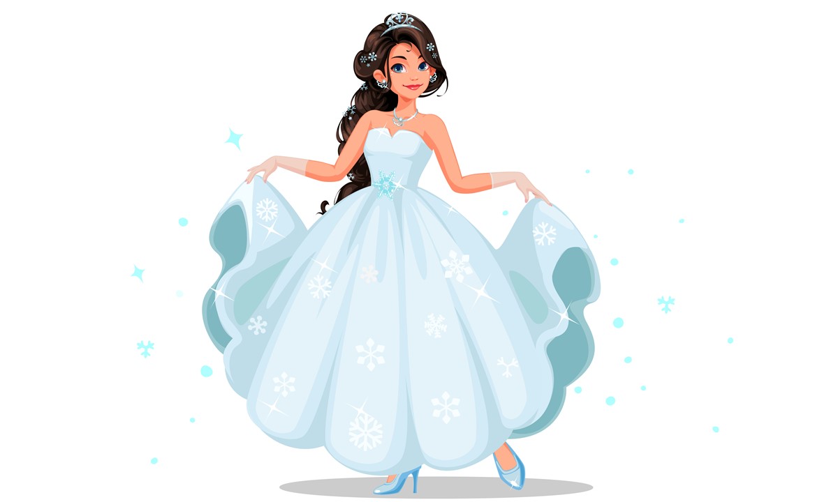 Illustration of a cartoon princess with long brown hair, wearing a sparkling blue gown adorned with snowflakes