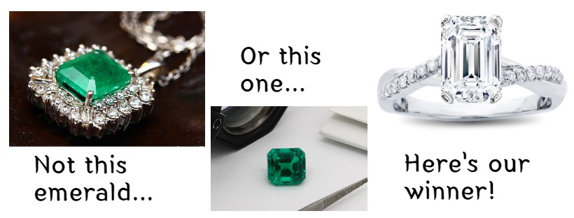 A composite image showing two emerald gemstones alongside an emerald-cut diamond set in a white gold ring, highlighting the differences between the stones