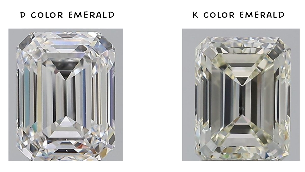 A D color emerald cut diamond (left) compared to a K color emerald cut diamond (right)