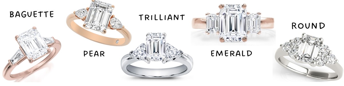 A composite image of engagement rings, each featuring a three-stone style with an emerald cut diamond as the center stone