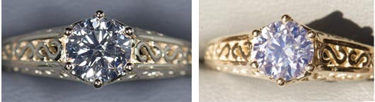A composite image of two photographs of the same diamond ring; the one on the left is taken indoors, while the one on the right is taken in direct sunlight