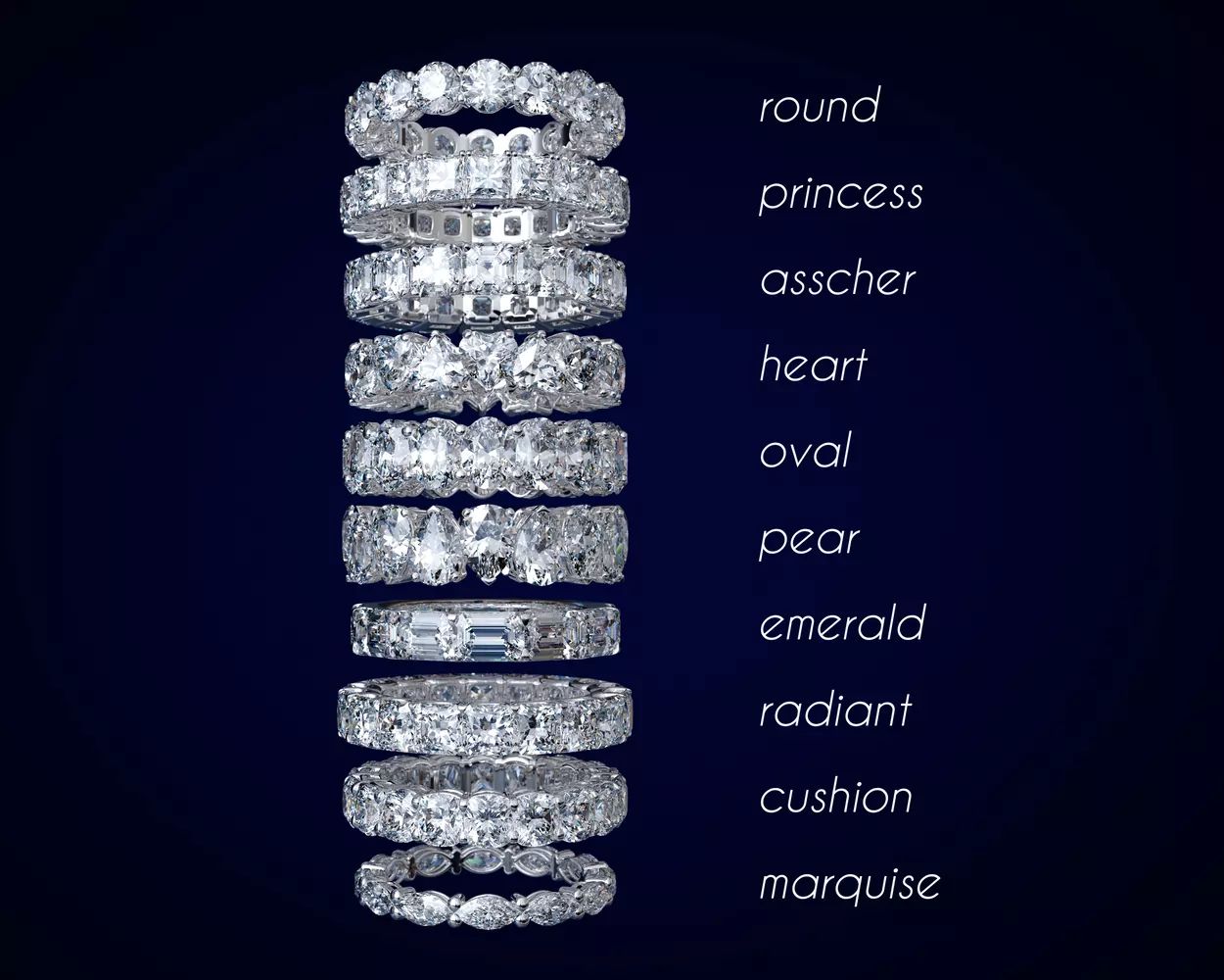 band rings with all diamond shapes: round, princess, asscher, heart, oval, pear, emerald, radiant, cushion, and marquise
