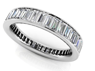 A baguette eternity band ring shown against a white background