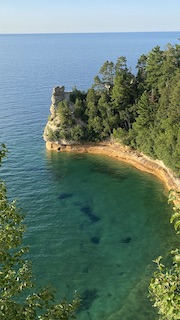 Aerial view of a rocky cliff surrounded by lush green trees and clear blue water