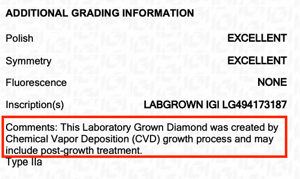 Screenshot of IGI's Additional Grading Information section, with comments referencing the CVD growth process marked in red