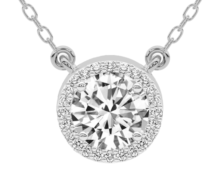 A halo diamond pendant, set against a white background