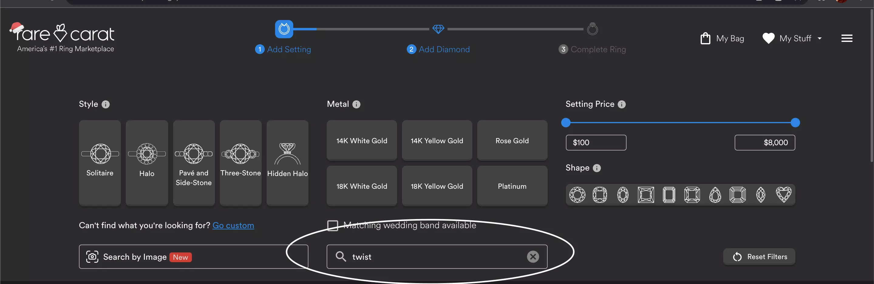 RC's setting portion with the keyword search in the middle above the results circled