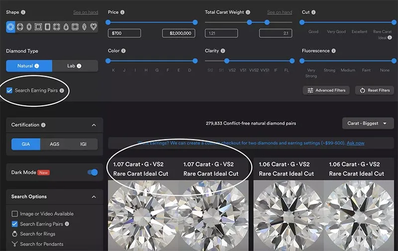 RC's "Search Earring Pairs" field