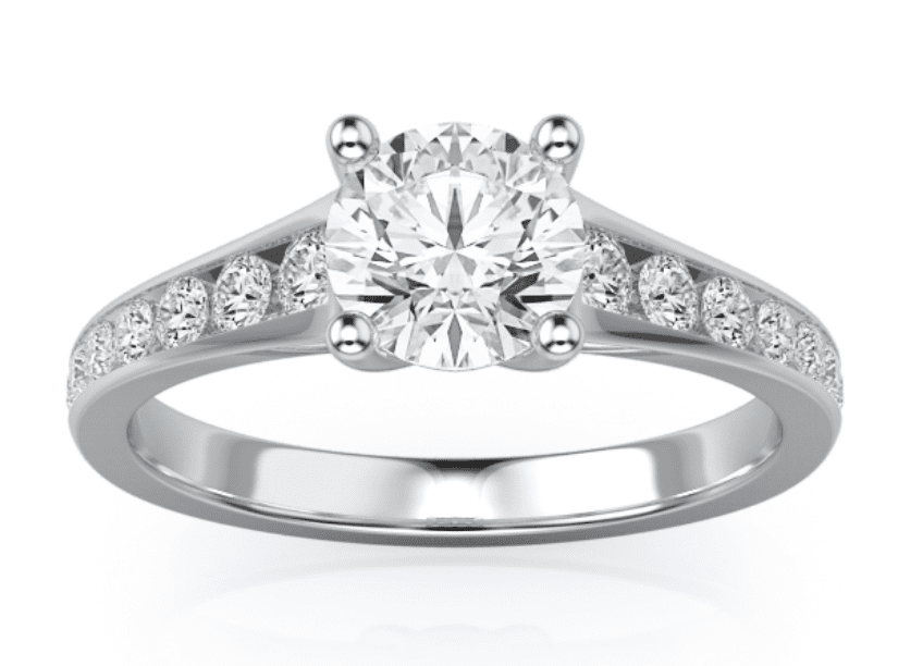 round brilliant diamond with channel set stones in white gold setting