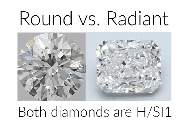 Comparison between a round cut and a radiant cut diamond, both graded H color and SI1 clarity