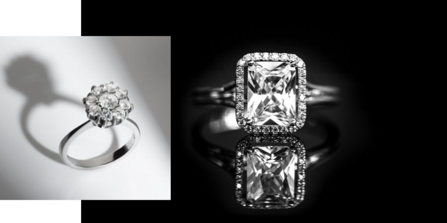 Composite image of two vintage‑inspired diamond wedding rings in platinum settings