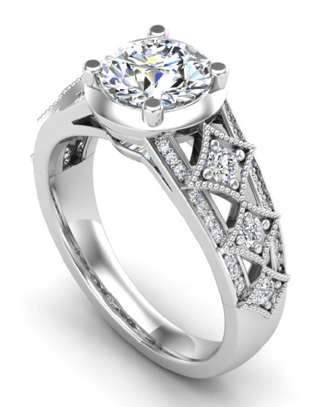 Art deco round diamond ring in thick band setting