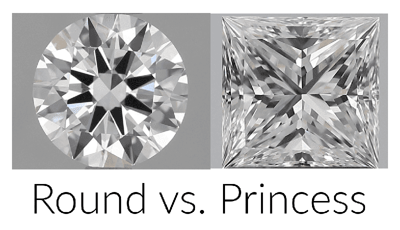 Round brilliant diamond compared to a square princess cut diamond