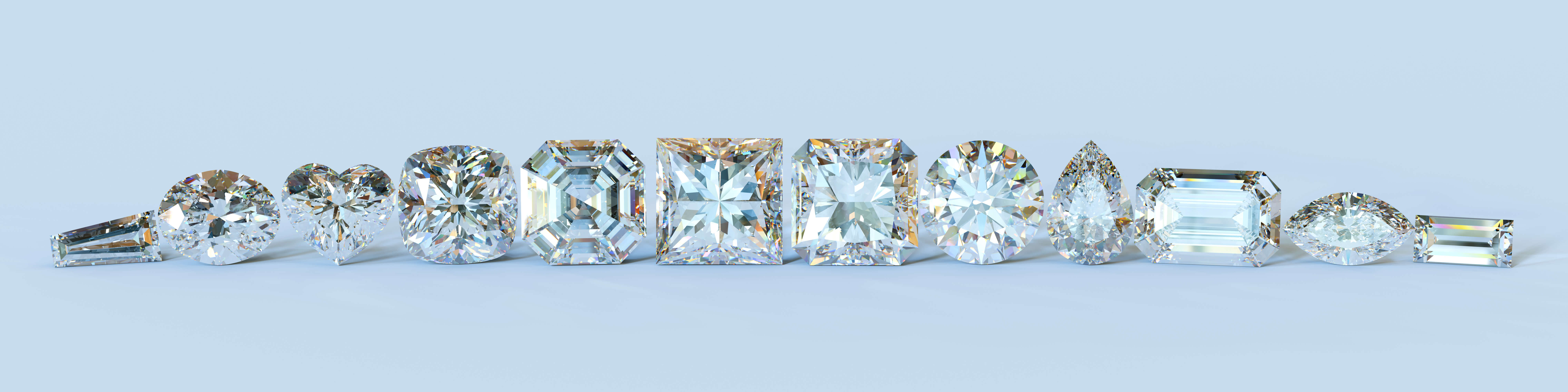 tapered baguette, oval, heart, cushion, asscher, princess, radiant, round, pear, emerald, marquise and straight baguette all in a row