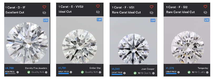 A composite image of 1 carat diamonds in different color and clarity grades: D-IF, E-VVS2, F-VS1, and F-SI2, shown side by side for comparison