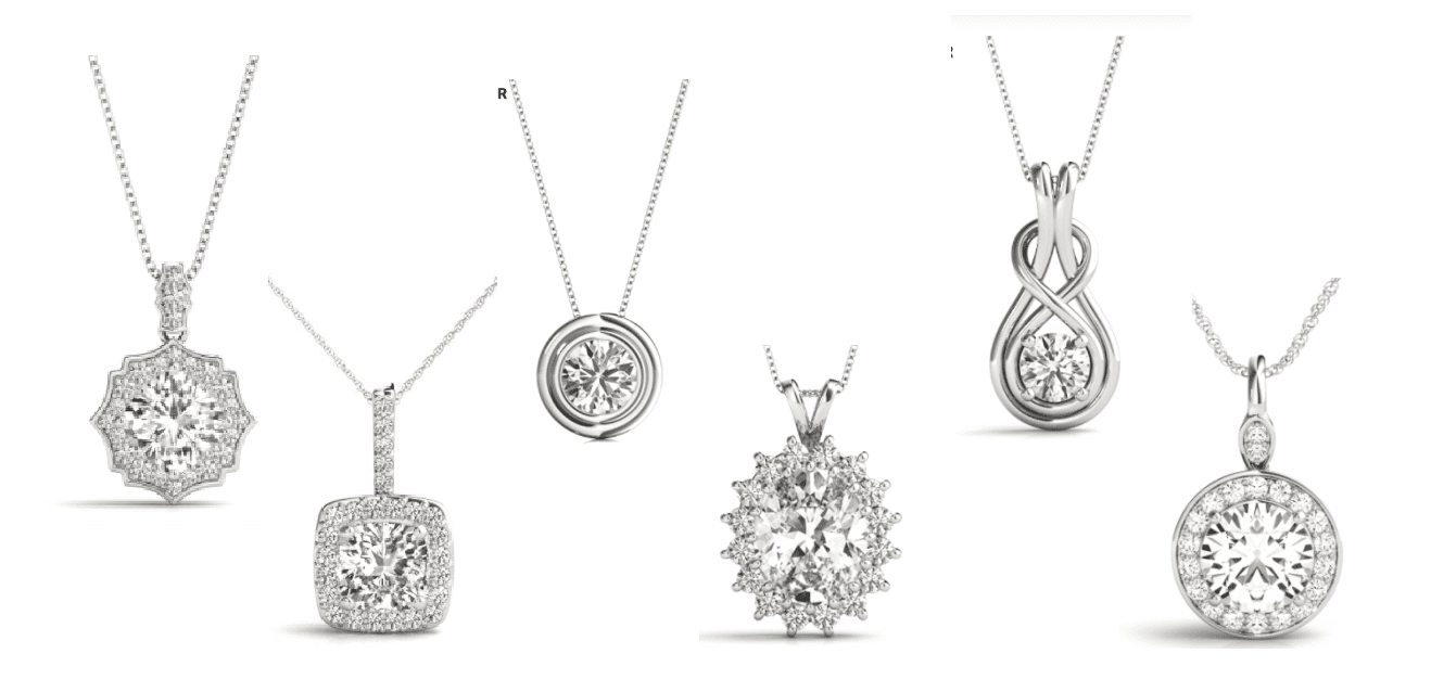 Common diamond pendant setting designs for necklaces displayed against a white background