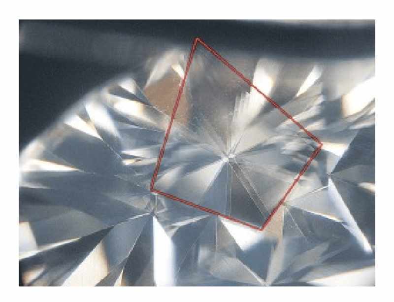 A close-up of a moissanite gemstone with its doubling effect highlighted by a red box
